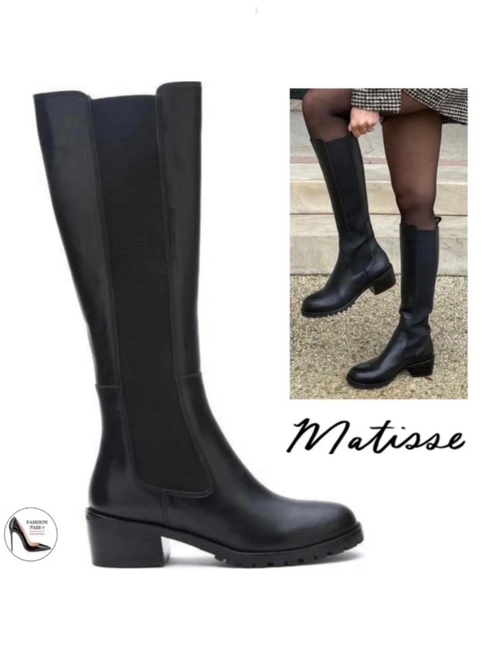 Matisse Ryder Black leather Knee High Chelsea Boots Block Heel Riding Boots 6.5